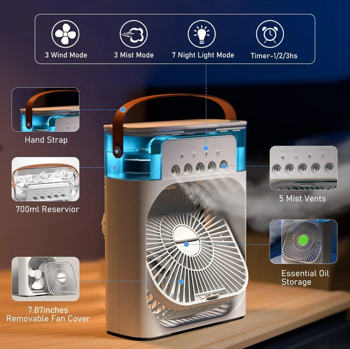 Mini Air Cooler Fan with Humidifier & LED Light